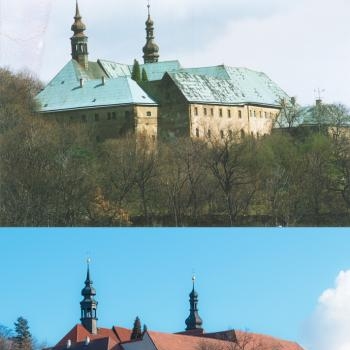 Celkový pohled na klášter přes řeku Ohře - Včera a dnes